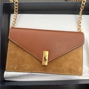 Ralph Lauren Brown and Tan Clutch Envelope Bag with Gold Chain NWT
